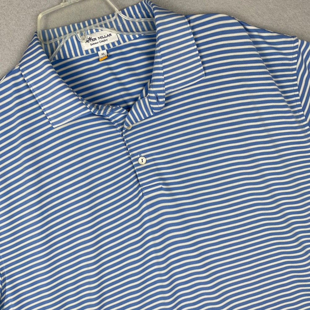 Peter Millar Summer Comfort Polo Shirt Mens XL Blue White Striped Golf Short Slv